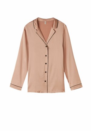 Langarm satijnen shirt in blush roze met zwarte piping en knopen, voorzien van een ingesneden kraag en een ontspannen pasvorm. Gladde textuur.