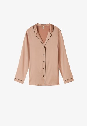 Langarm satijnen shirt in blush roze met zwarte piping en knopen, voorzien van een ingesneden kraag en een ontspannen pasvorm. Gladde textuur.