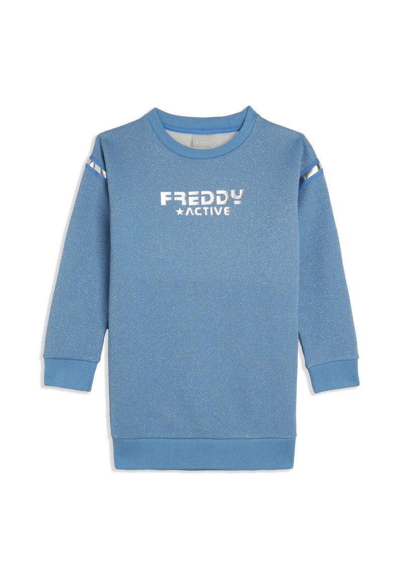 Felpa blu con una texture leggermente scintillante, con la scritta "FREDDY ACTIVE" in argento, collo tondo e dettagli a righe sulle maniche.