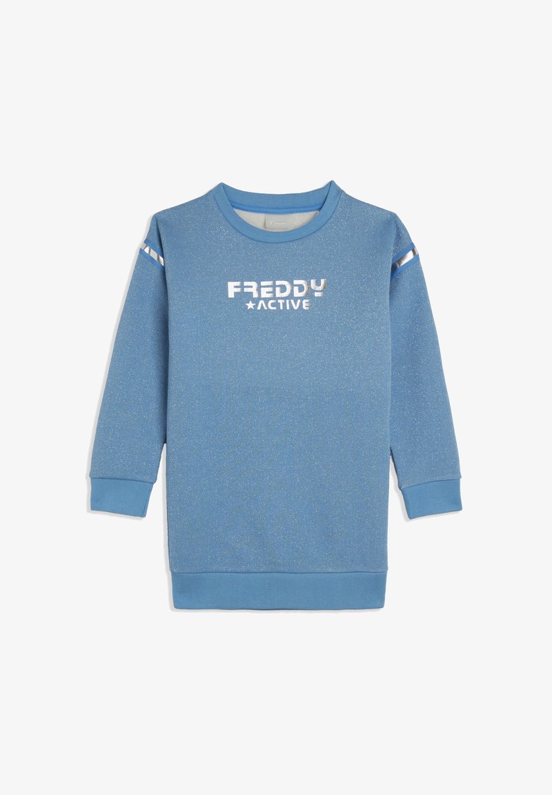 Felpa blu con una texture leggermente scintillante, con la scritta "FREDDY ACTIVE" in argento, collo tondo e dettagli a righe sulle maniche.