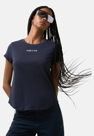 Navy blue cotton t-shirt with a round neckline, short sleeves, and white "FIRE + ICE" logo printed on the front. Smooth texture.