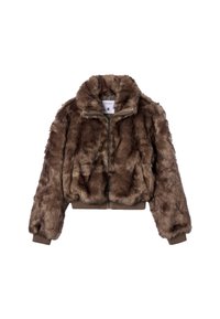 Giacca in finta pelliccia marrone con design corto, chiusura a zip, collo alto e polsini e orlo a coste. Texture morbida e aspetto soffice.