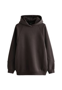 Hoodie marron en coton, doté d'une grande capuche, de manches raglan et de poignets et d'un ourlet côtelés. Texture lisse avec un minimum de détails.