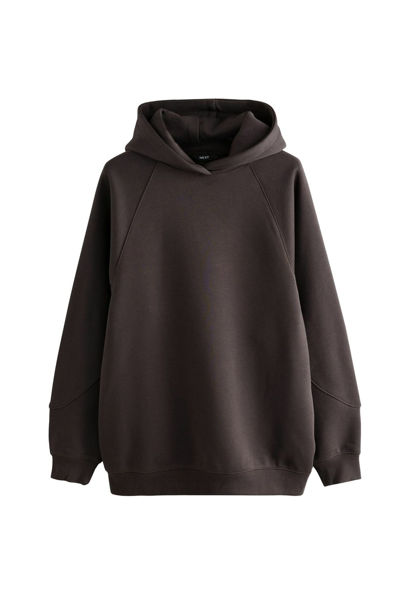Hoodie marron en coton, doté d'une grande capuche, de manches raglan et de poignets et d'un ourlet côtelés. Texture lisse avec un minimum de détails.