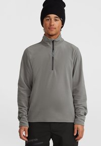 Grijze fleece pullover met een halflange rits, zachte textuur, hoge kraag en logodetail. Draagt met zwarte broek met een GORE-TEX-label.
