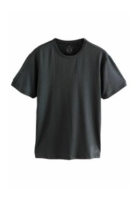Camiseta de manga corta para hombre en gris oscuro, con un sutil patrón geométrico, cuello redondo y tejido suave y ligero.
