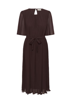 Brūns plisu savienots kleita ar īsām, caurspīdīgām piedurknēm, apaļu izgriezumu un atslēgvietu mugurpusē; iekļauts josta jostasvietā.