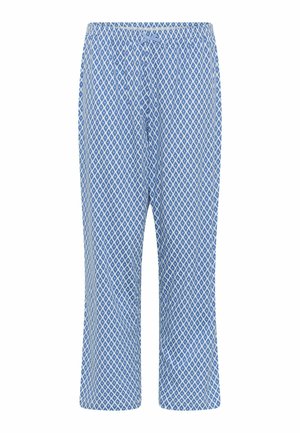 Světlomodré pyžamové kalhoty s bílým diamantovým vzorem. Elastický pas s šňůrkou. Volný střih a zkrácená délka.
