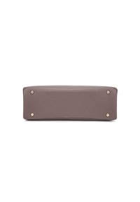 Borsa rettangolare grigia realizzata in materiale sintetico testurizzato, con quattro piedi in metallo dorato e cuciture dettagliate lungo i bordi.
