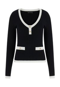 Zwarte geribbelde trui met lange mouwen, V-hals, witte bies en gouden knopen. Heeft twee voorzakken met witte accenten.