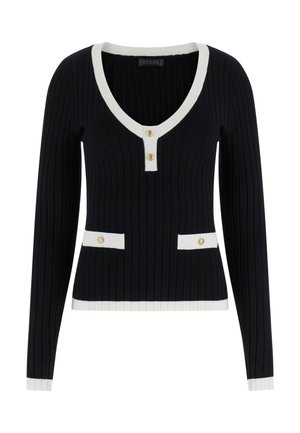 Maglione nero a coste con maniche lunghe, scollo a V, bordatura bianca e bottoni dorati. Presenta due tasche frontali con dettagli bianchi.