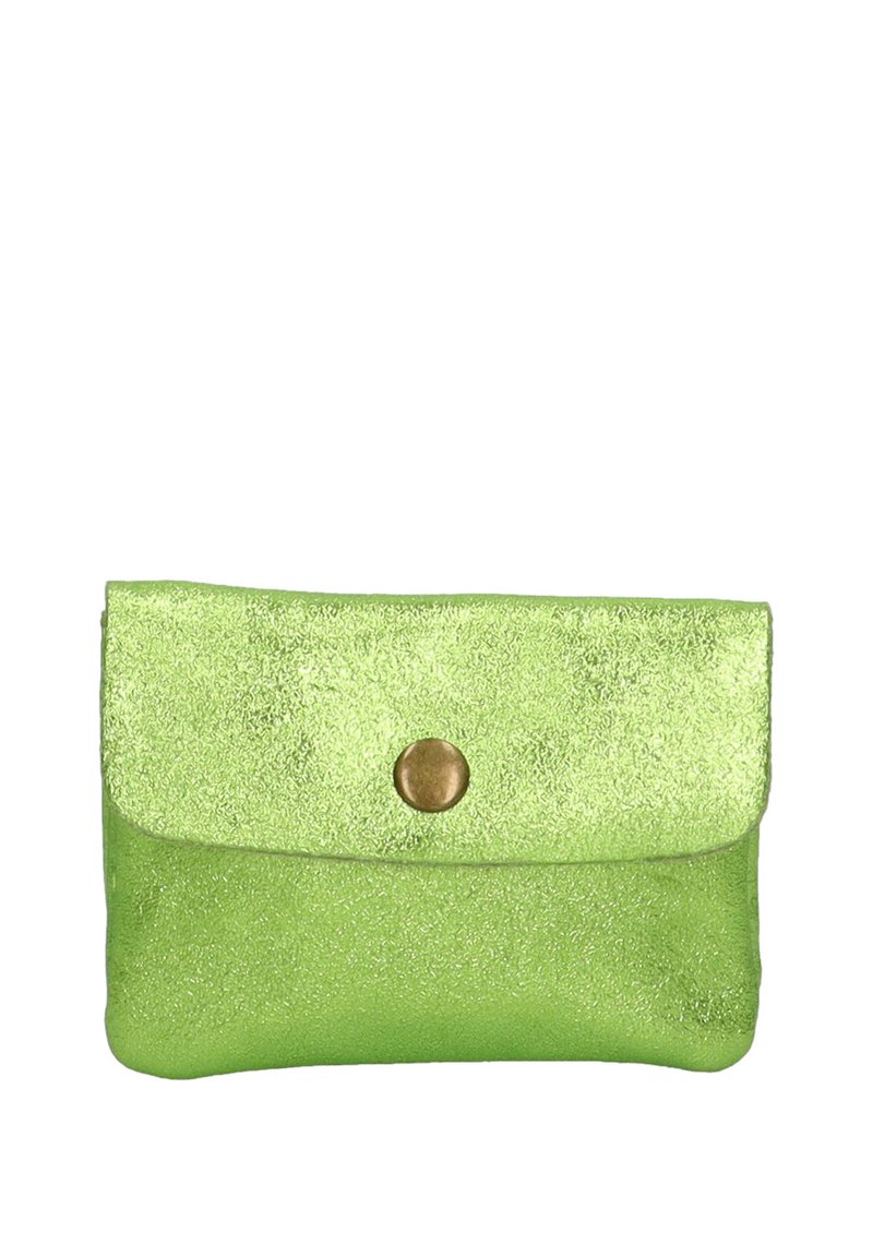 Bolso de mano con purpurina verde, textura suave, forma redondeada y cierre de presión de latón. Diseño simple sin patrones adicionales.