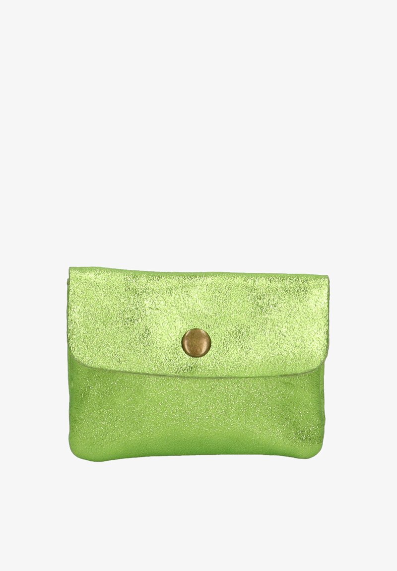 Bolso de mano con purpurina verde, textura suave, forma redondeada y cierre de presión de latón. Diseño simple sin patrones adicionales.