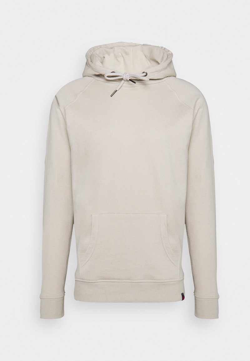 Sweat à capuche beige avec poche kangourou avant, capuche ajustable par cordon, poignets et ourlet côtelés, présenté sur un fond uni.