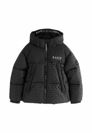 Schwarze Pufferjacke mit Kapuze, ausgestattet mit einem Reißverschluss und einem geprägten "BAKER"-Logo-Muster. Glatte Oberfläche, gesteppter unterer Teil.