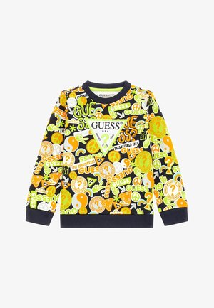Sudadera de manga larga colorida que presenta una mezcla de gráficos en naranja, verde y amarillo sobre un fondo negro. Logo triangular de "GUESS" destacado.