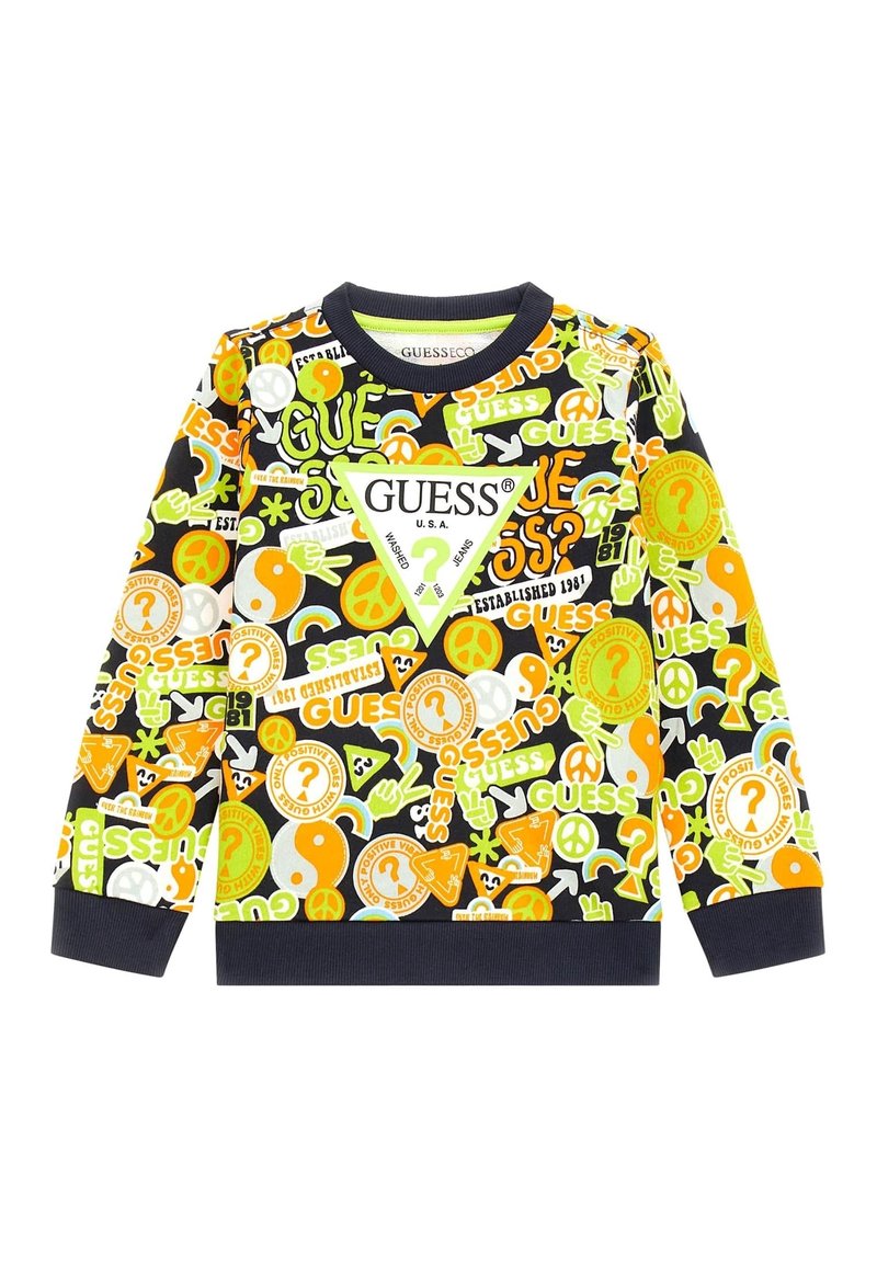 Sweat-shirt coloré à manches longues avec un mélange de motifs orange, vert et jaune sur un fond noir. Logo triangulaire "GUESS" affiché de manière proéminente.