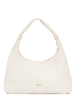 Crèmekleurige leren handtas met een zachte, gebogen handgreep en gouden hardware accenten, voorzien van een klein "kazar" logo aan de voorkant.