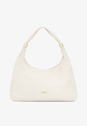 Sac à main en cuir couleur crème avec une poignée souple et courbée et des accents métalliques dorés, marqué d'un petit logo "kazar" à l'avant.