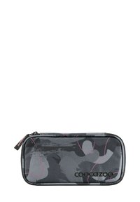 Pencil case made of durable gray fabric with a pink abstract pattern. Features a zip closure and the brand name "coocazoo" printed in black.