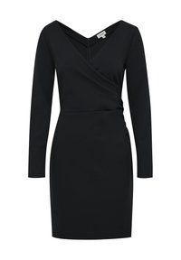 Schwarzes Wickelkleid mit V-Ausschnitt, langen Ärmeln und taillierter Passform. Hergestellt aus glattem Material mit einer weichen Textur und minimalistischem Design.