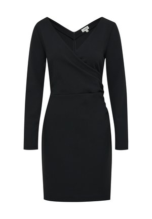 Vestido negro ceñido con escote en V, mangas largas y cintura ajustada. Fabricado con una tela suave de textura lisa y un diseño minimalista.