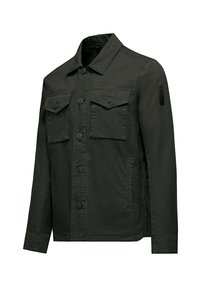 Giacca verde scuro con due tasche frontali con pattina, chiusura con bottoni e colletto strutturato, realizzata in tessuto leggero.