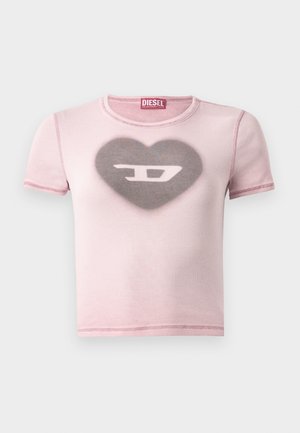 Pink short-sleeve t-shirt featuring a heart design with a logo in the center. Soft texture with contrasting stitching details.