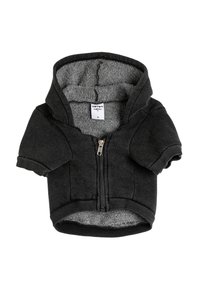 Sudadera negra con cremallera para mascotas, con un suave forro de felpa gris, mangas cortas y puños y bajo acanalados. Etiqueta de tamaño visible en el interior.