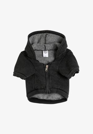 Felpa con zip nera per animali domestici, con un morbido rivestimento in pile grigio, maniche corte e polsini e orlo a costine. Etichetta della taglia visibile all'interno.