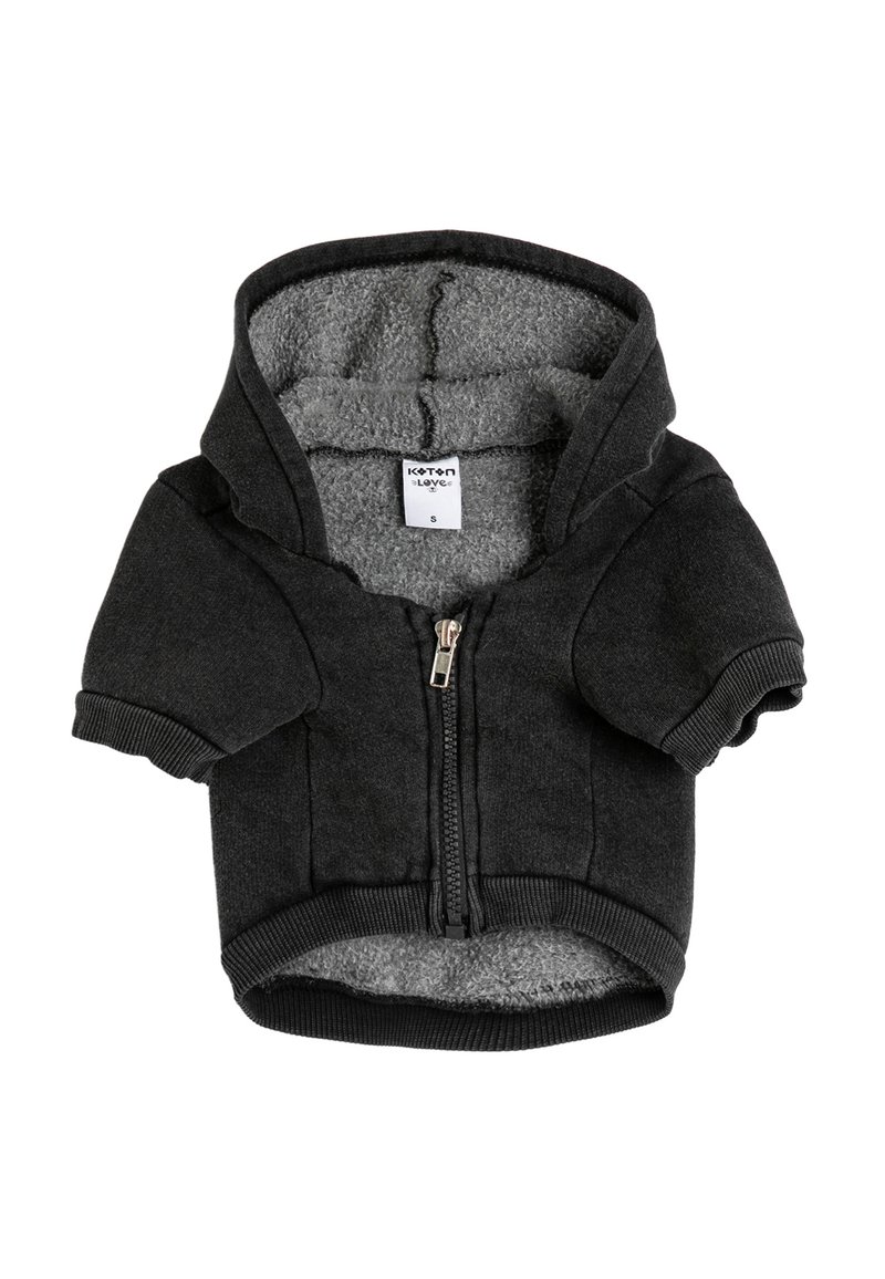 Sudadera negra con cremallera para mascotas, con un suave forro de felpa gris, mangas cortas y puños y bajo acanalados. Etiqueta de tamaño visible en el interior.