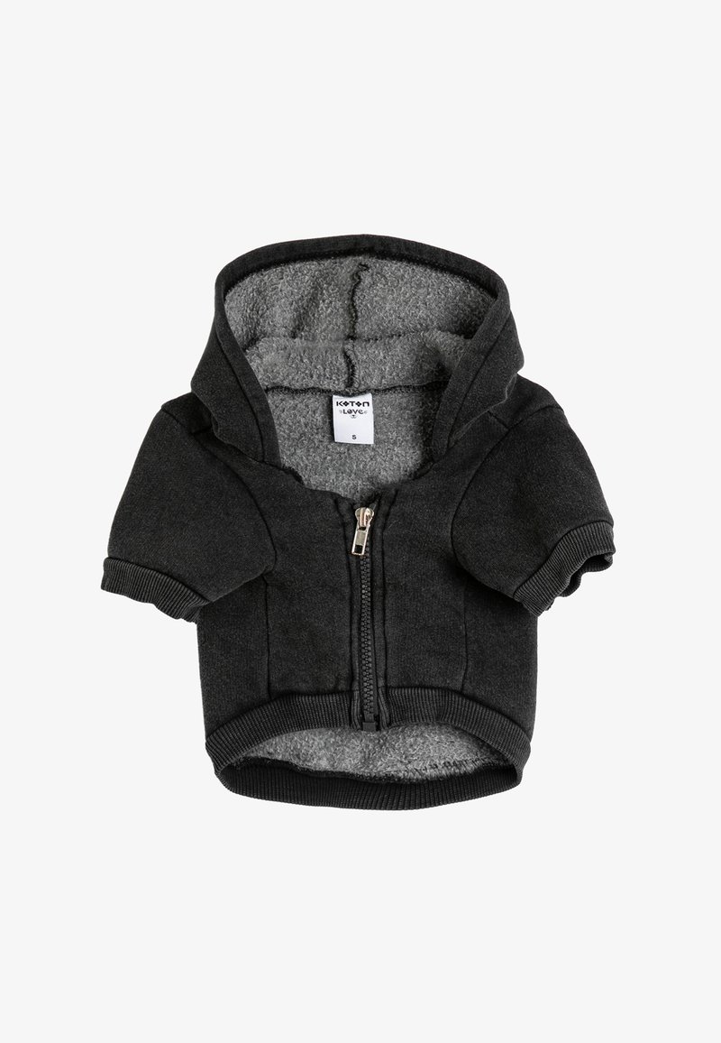 Sudadera negra con cremallera para mascotas, con un suave forro de felpa gris, mangas cortas y puños y bajo acanalados. Etiqueta de tamaño visible en el interior.