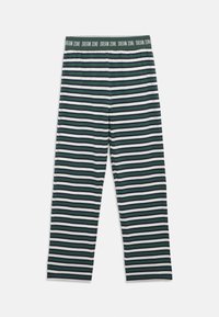 Green, navy, and white horizontal striped lounge pants with elastic waistband featuring "DREAM ZONE" text pattern.