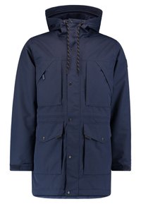 Navy blue waterproof jacket with a hood, featuring front button closure, four large pockets, and drawstring accents for adjustable fit.