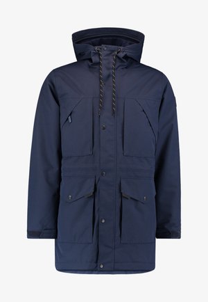 Chaqueta impermeable azul marino con capucha, cierre frontal con botones, cuatro grandes bolsillos y detalles con cordón para un ajuste ajustable.