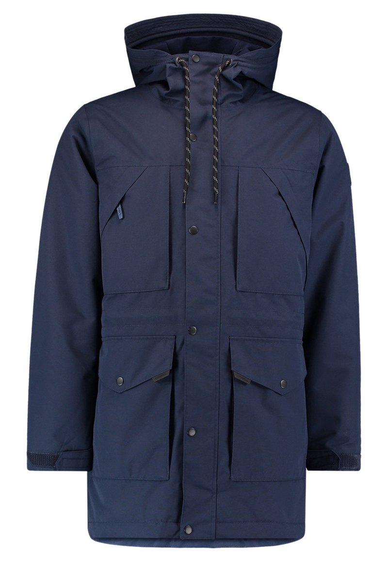 Navy blue waterproof jacket with a hood, featuring front button closure, four large pockets, and drawstring accents for adjustable fit.