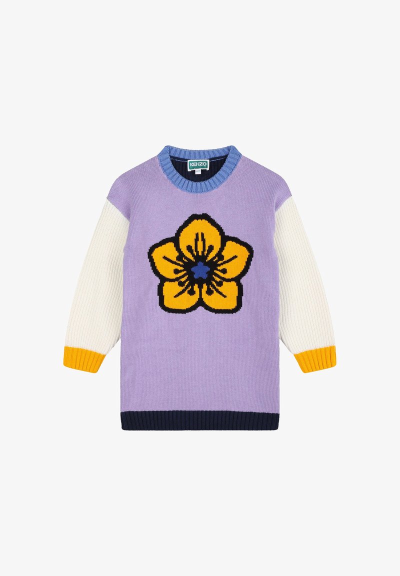 Pull en tricot avec un grand motif de fleur jaune sur un fond lavande, des manches crème et un ourlet et un col côtelés bleu marine.