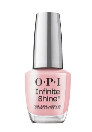 Flasche mit OPI Infinite Shine hellrosa, gel-artigem Nagellack mit glänzendem silbernem Verschluss und schwarzem Schriftzug auf dem Etikett.