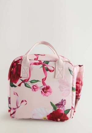 Borsa per il pranzo con stampa floreale, sfondo rosa, materiale in tessuto, due maniglie e chiusura con zip impreziosita da nastri.
