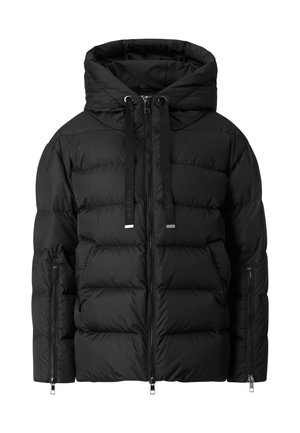 Giacca a vento nera imbottita con cappuccio, caratterizzata da un design trapuntato, cordini regolabili e due tasche laterali con zip. Texture liscia.