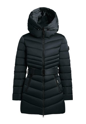 Czarna puchowa kurtka z dużym kapturem, designem w zygzak, paskiem w talii oraz zapięciem na zamek błyskawiczny z dwoma bocznymi kieszeniami.