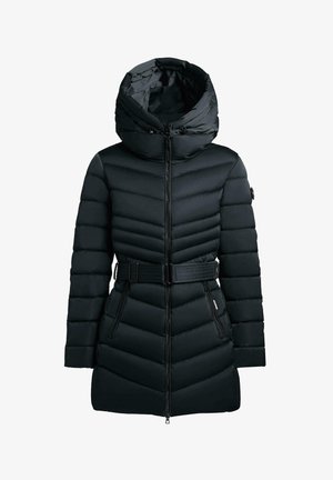 Czarna puchowa kurtka z dużym kapturem, designem w zygzak, paskiem w talii oraz zapięciem na zamek błyskawiczny z dwoma bocznymi kieszeniami.