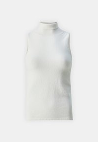 White sleeveless turtleneck top, made of soft knit material. Features a high neck and smooth texture, with a fitted silhouette.