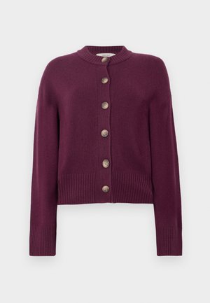Burgunderfarget cardigan laget av mykt stoff, med rund hals, lange ermer, og fem knappelukkinger foran med ribbestrikkede mansjetter.