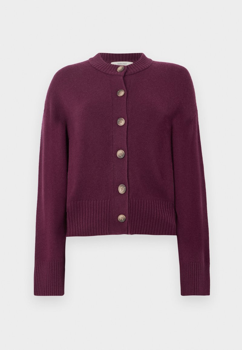 Bordowy kardigan wykonany z miękkiego materiału, z okrągłym dekoltem, długimi rękawami i pięcioma guzikami z przodu, z prążkowanymi mankietami.