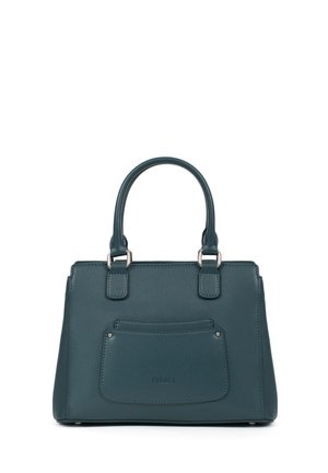 Sac à main structuré vert foncé avec deux poignées et une poche avant avec un détail de couture subtil, debout sur un fond blanc.