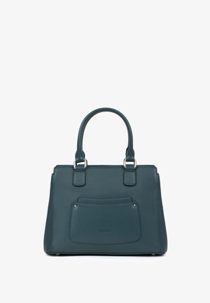 Sac à main structuré vert foncé avec deux poignées et une poche avant avec un détail de couture subtil, debout sur un fond blanc.