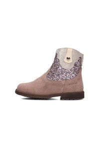 Pink suede ankle boot featuring a glittery silver and purple upper with a leather tab, rounded toe, and a textured rubber sole.