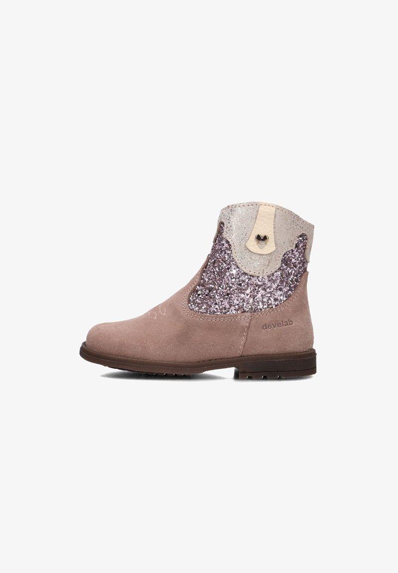 Pink suede ankle boot featuring a glittery silver and purple upper with a leather tab, rounded toe, and a textured rubber sole.