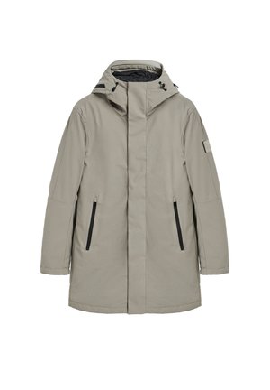 Chaqueta exterior de color gris claro con capucha, cierre frontal con cremallera, dos bolsillos laterales con acentos en negro y un corte recto.
